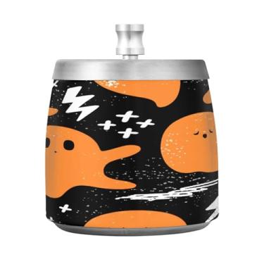 Imagem de Qilmy Cinzeiro de aço inoxidável Orange Ghosts com tampa - Cinzeiro de cigarro à prova de vento sem cheiro sem fumaça para casa, escritório, carro, pátio, varanda (uso interno e externo)