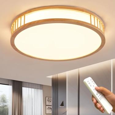Imagem de Luminária de teto LED com acabamento em madeira, dimerizável, redonda e plana, estilo nórdico, ideal para sala de estar, quarto, cozinha, restaurante, corredor, iluminação interna de 30 cm.
