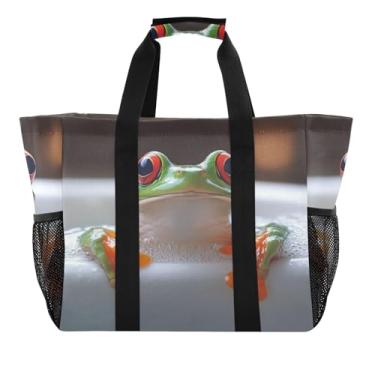 Imagem de ODAWA Bolsa de mercearia lavável à prova d'água à prova de areia para mamãe, bolsa de verão portátil de sapo engraçado para férias, Sapo engraçado, One Size