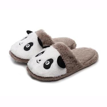 Imagem de Pantufas de panda fofas com rosto de animal, sapatos de pelúcia macios antiderrapantes para uso interno para mulheres adolescentes, Marrom, 8-8.5