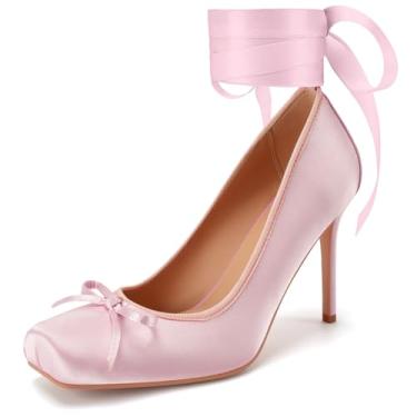 Imagem de Oh Mispares Sapatos femininos de cetim salto bailarina laço bico quadrado tiras stiletto fita alta Mary Janes Lolita sapatos sociais, rosa, 38