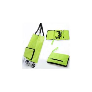 Imagem de Sacola Carrinho Dobrável com 2 Rodas, Verde, 10kg Capacidade, Plástico e Nylon, 47x28x18cm Aberto, Portátil para Compras