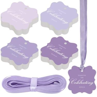 Imagem de 100 etiquetas de presente Purpke Thank You com cordão, 2 x 2 etiquetas de presente de papel recortado para pendurar para casamento, chá de bebê, aniversário, lembrancinhas de festa
