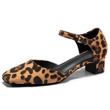 Imagem de Coutgo Sapato social feminino de salto baixo grosso com fivela no tornozelo, tira quadrada, D'Orsay, sapatos de festa de trabalho, Leopardo, 37