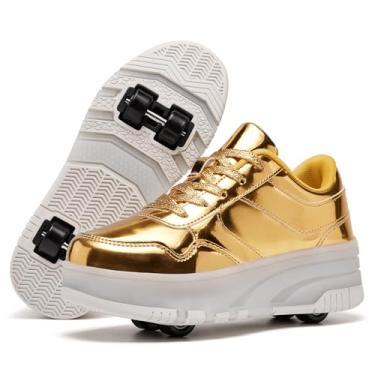 Imagem de ANEFUN Tênis de patins para mulheres, meninas, com rodas, destacável, 4 rodas, Dourado, 41