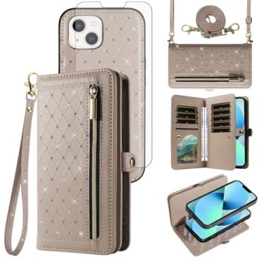Imagem de Capa de celular para iPhone 13 Mini 5,4 polegadas com zíper carteira destacável capa celular com protetor de tela alça transversal alça Bling Slots iPhone13mini i-Phone 13minicase i iPhone13 13mini