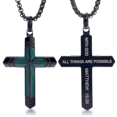 Imagem de GTMJ Colar de cruz masculino turquesa/malaquita/preto e dourado com pingente de cruz de proteção religiosa, joias presentes para mulheres, Medium, Aço inoxidável, Malaquita