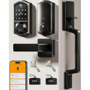 Imagem de Veise VE017-D Conjunto de fechadura de porta frontal inteligente com impressão digital, controle de aplicativo, fechadura de entrada 7 em 1 sem chave com alavanca, porta de alimentação de emergência