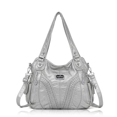 Imagem de Bolsa feminina Angelkiss com alça superior, bolsa de ombro, bolsa carteiro, sacola de couro lavada, bolsa de couro, Sliver Grey, 13.8*4.7*11.8 inches