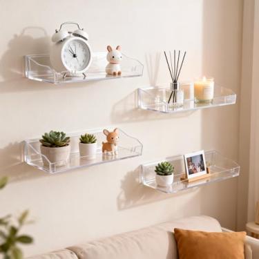 Imagem de Prateleiras flutuantes transparentes, prateleiras de parede para organizadores e armazenamento de banheiro, prateleira ou parafusos adesivos de instalação bidirecional de cozinha, borda resistente