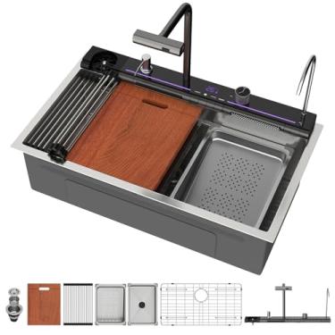Imagem de Mocoloo Pia de cozinha de cachoeira de favo de mel de 76 cm, pia para estação de trabalho de aço inoxidável 76 x 48 cm, medidor 16, pia, tela de LED com kit completo