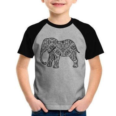 Imagem de Camiseta Raglan Infantil Elefante Mandala - Foca na Moda, Cinza, Preto