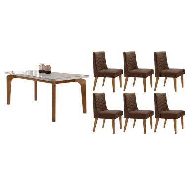 Imagem de Sala Jantar Mesa Londrina Tampo c/ Vidro Curvo 180cm+6 Cadeiras Dafne Madeira Naturale/Off White - Capuccino/Suede Marrom - Rufato