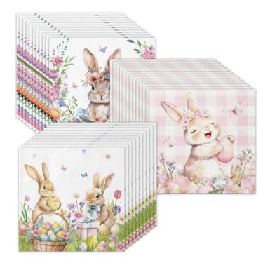 Imagem de MIRJXB Guardanapos de Páscoa, decoração de mesa de Páscoa de 60 unidades, guardanapos de papel de celebração de primavera, design floral configuração de mesa descartável para reuniões de férias