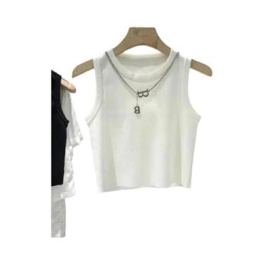 Imagem de Camisetas Sem Mangas Listradas Femininas, T-Shirts Cropped Tricotadas,