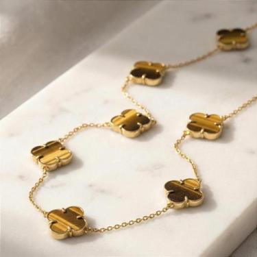 Imagem de Colar de Ouro 18k com 9 Trevos de Olho de Tigre Natural - Joia Elegant