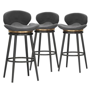 Imagem de Banquetas de bar com altura de balcão com encosto conjunto de 3, cadeiras de barra estofadas de veludo, bancos modernos com pernas de metal, bancos de bar para balcão de cozinha, altura do assento 65