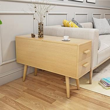 Imagem de Mesa lateral com 2 gavetas e armário de armazenamento com tampa dobrável para sala de estar - pernas de madeira maciça e dobradiças hidráulicas, mesa de canto longa estreita