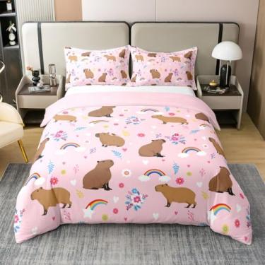 Imagem de Erosebridal Capa de edredom infantil 100% algodão, capivara, kawaii, para crianças, meninas, meninos, fofo, floral, animais selvagens, galhos naturais, folhas, flores, roupa de cama