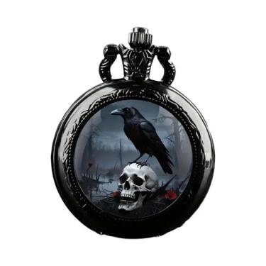 Imagem de Mini Relógio De Bolso Vintage Gótico Com Crânio De Corvo, Corrente Pre