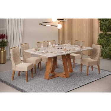 Imagem de Conjunto: Mesa Sala Jantar Celeste c/ Tampo Madeirado c/ Vidro Retangular 160x90cm e 6 Cadeiras Jade Freijo/Off White - Suede Kraft - DJ Móveis