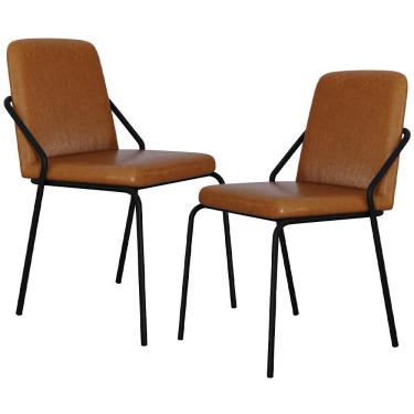 Imagem de Kit 02 Cadeiras Estofada Para Sala De Jantar Loft Preto C01 Courino Caramelo - Lyam Decor