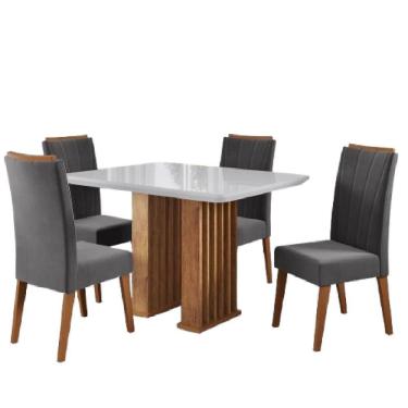 Imagem de Conjunto De Mesa Sala De Jantar Ripado Tampo Com Vidro Mond 1,20m 4 Cadeiras Sofia Veludo Madeirado / Cinza