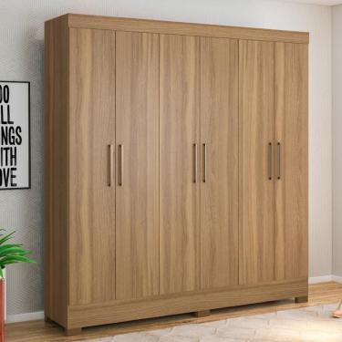 Imagem de Guarda Roupa Casal Prático 6 Portas de Bater 3 Gavetas MDP Amêndola Touch Demóbile
