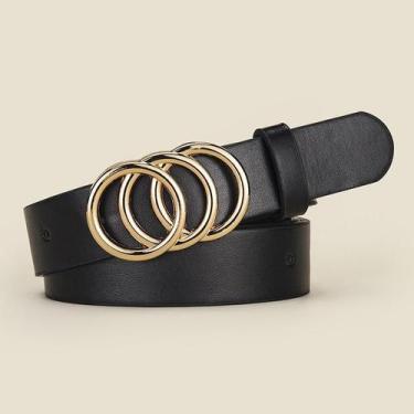 Imagem de Cinto Feminino Fivela 3 Argolas Douradas Ajustável Elegante Cor:Preto 