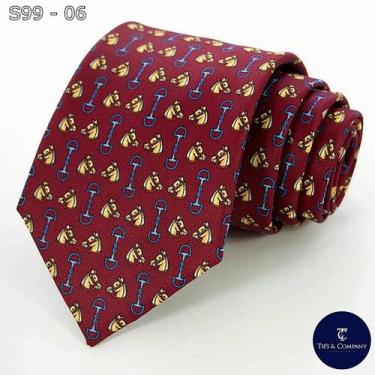 Imagem de Gravata de Seda Foulard Preta e Marsala Tradicional Larga - 100% Seda 