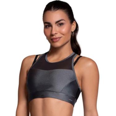 Imagem de Top Recorte Em Tule Com Bojo Fitness Selene, GG, Preto, Cinza