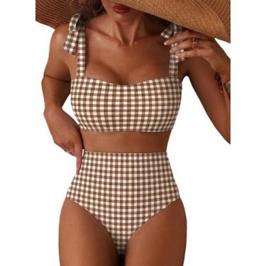 Imagem de Conjunto de Biquíni Feminino Herseas Cintura Alta Xadrez Caqui