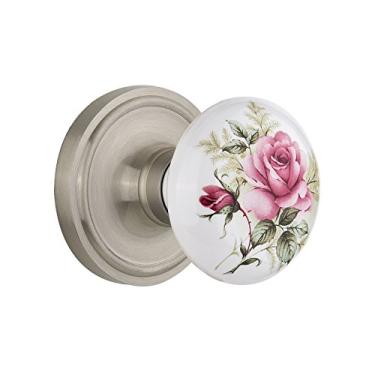 Imagem de Nostalgic Warehouse Roseta clássica com puxador de porta de porcelana rosa, encaixe - 5,7 cm, níquel acetinado