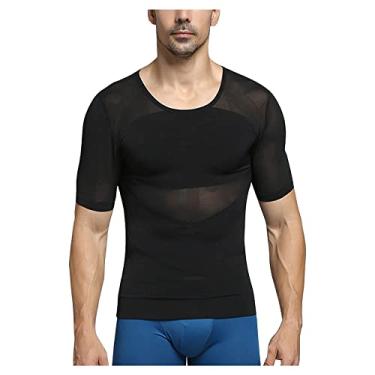 Imagem de Camisetas de compressão masculinas emagrecedora modelador de corpo colete de manga curta modelador roupas íntimas regatas, Preto, Large