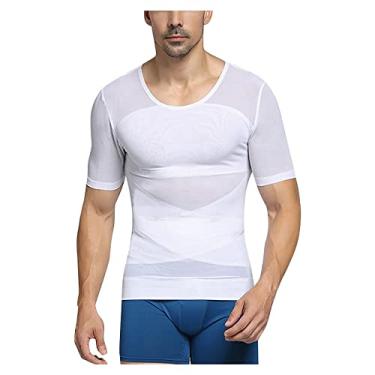 Imagem de Camisetas de compressão masculinas emagrecedora modelador de corpo colete de manga curta modelador roupas íntimas regatas, Branco, Medium