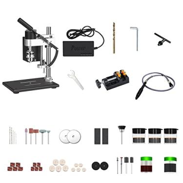 Imagem de HUIOP Perfuração de bancada,Kit de suporte de mini furadeira de bancada com morsa, haste de extensão, acessórios de serra de lixa, máquina de perfuração de bancada elétrica portátil de velocidade vari