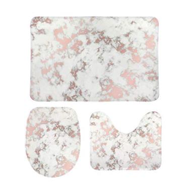 Imagem de Conjunto de 3 peças de tapetes de banheiro My Daily com textura mármore ouro rosa em forma de U contorno tapete de banheiro e tampa da tampa, tapete de banho antiderrapante