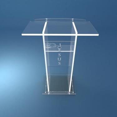 Imagem de Púlpito em Acrílico para Igreja e/ou Eventos com Gravação e Led grátis Mod. João Transparente (Tradicional, Moderna ou Sem Gravação) Cores em Led. (Grav. "Jesus" Tradicional, LED VERMELHO)