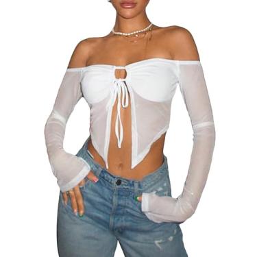 Imagem de Milumia Camiseta feminina de manga comprida com ombros de fora e bainha dividida na frente, Branco, G