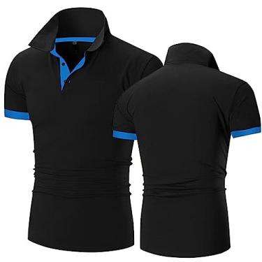 Imagem de GLLUSA Camisas polo masculinas de golfe camisetas patchwork tênis manga curta gola meia manga ciclismo jersey rúgbi academia desgaste, Preto + azul, P