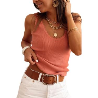 Imagem de Tankaneo Camiseta regata feminina com gola V, sem mangas, malha canelada para o verão, casual, sexy, colete, Laranja, GG