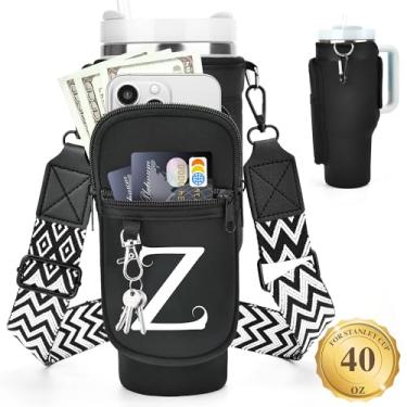 Imagem de LOKASS Suporte de garrafa de água personalizado com alça para acessórios Stanley Cup Tumbler de 1,134 g, bolsa de transporte inicial para garrafa de água com bolso para telefone, para mulheres, ideal