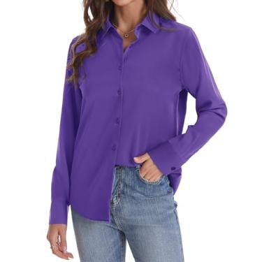 Imagem de J.VER Camisa feminina de botão manga longa sem rugas leve de chiffon sólido blusa de trabalho, Roxo escuro, GG