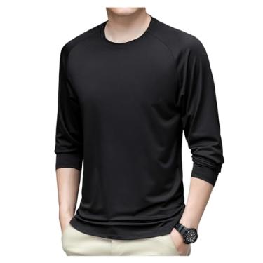 Imagem de Camisa esportiva masculina manga longa cor sólida camiseta atlética bainha reta respirável, Preto, XG