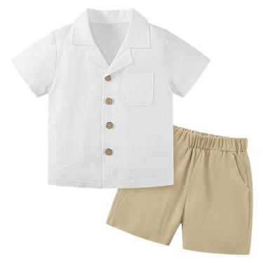 Imagem de Weixinbuy Conjunto de roupas para bebês meninos, roupa de verão, algodão, linho, manga curta, bolso superior, camisa de botão, conjunto curto, Branco e cáqui, 3-4 Anos