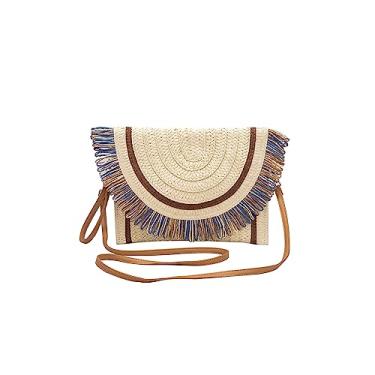 Imagem de CORIOS Bolsa de ombro feminina de palha tecida à mão em vime, bolsa de praia de verão, boêmia, bolsa transversal, envelope clutch, Marrom, Large