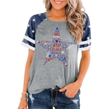 Imagem de Camiseta feminina Freedom 4th of July Memorial Day Graphic Tees casual manga curta American Patriotic Tops, Azul e cinza, P
