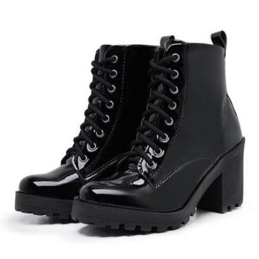 Imagem de Bota Coturno Feminino Salto Médio Tratorada Macia Confortável Verniz-Feminino