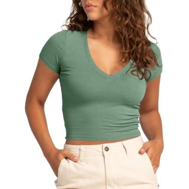 Imagem de Tankaneo Camiseta feminina cropped de verão manga curta gola V slim fit malha canelada camiseta básica Y2k, Verde claro, M