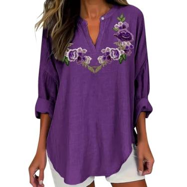 Imagem de Camiseta feminina de conscientização de Alzheimers de linho de verão manga enrolada Henley gola V blusas estampadas flores roxas, Roxa, GG